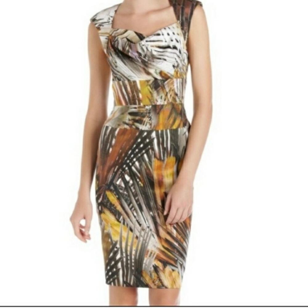$390 Black Halo Catherine Sheath Dress Abstract Palm Open Back Cocktail Sz 6